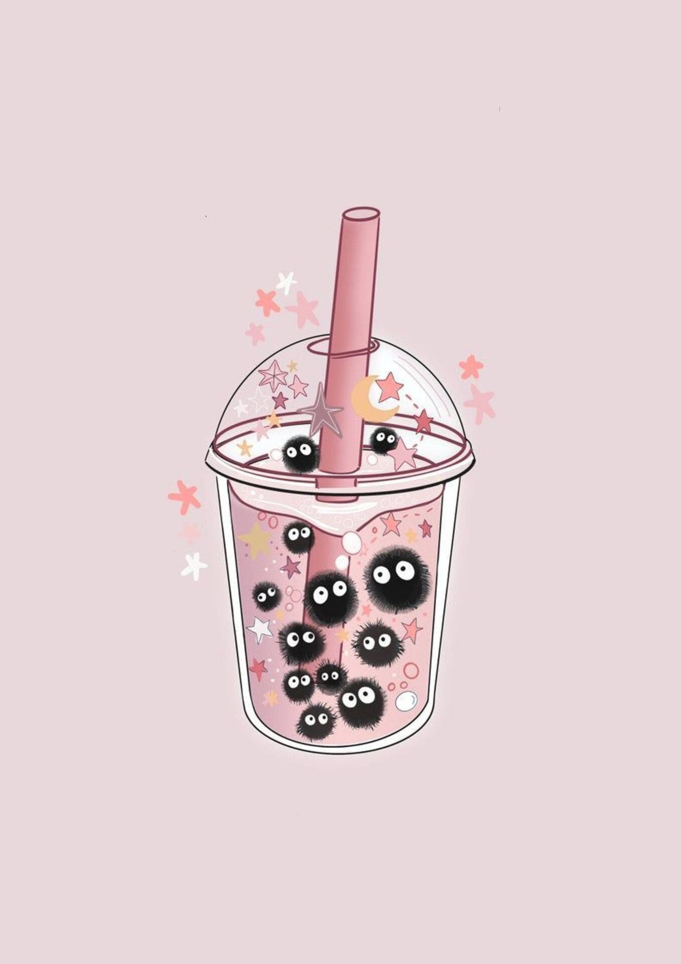 Bubble 桌布 壁紙 — 一個粉紅色珍珠奶茶杯，裝滿可愛的黑色龍貓角色和星星，背景是柔和粉彩。