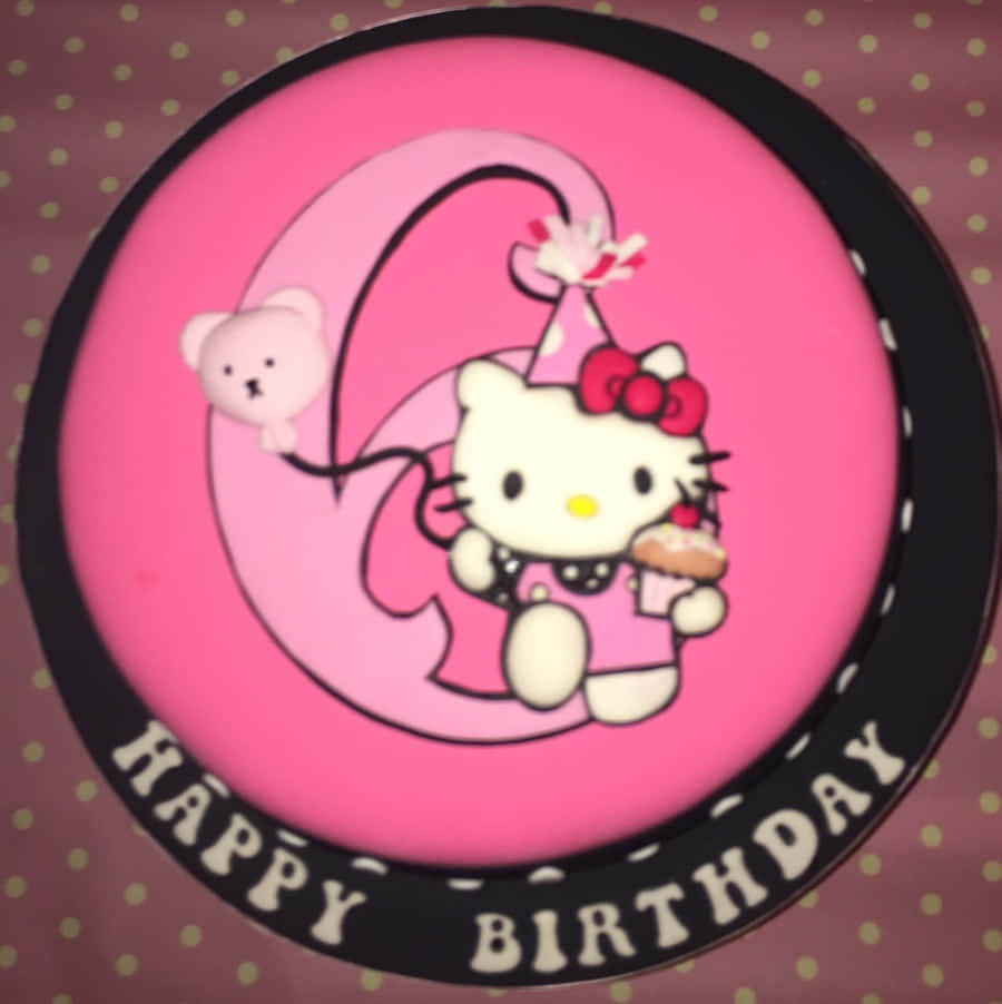 Hello Kitty Birthday 桌布 壁紙 — 一個粉紅色生日蛋糕，上面有Hello Kitty拿著一個杯子蛋糕和一個數字六形狀的粉紅色熊氣球。