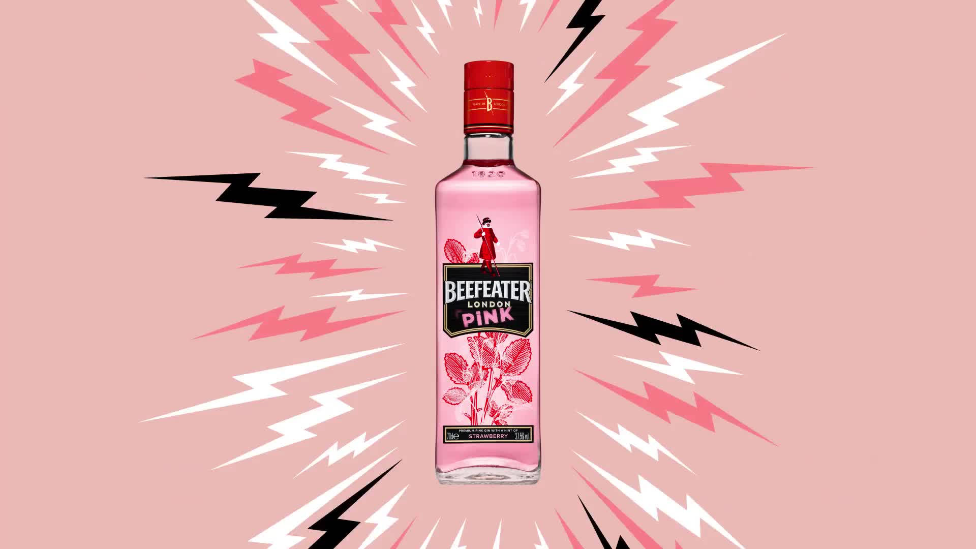 粉紅色 桌布 壁紙 — 一個粉紅色的 Beefeater London Pink 琴酒瓶，置於柔和的粉紅色背景中央，周圍有醒目的黑白閃電向外放射。