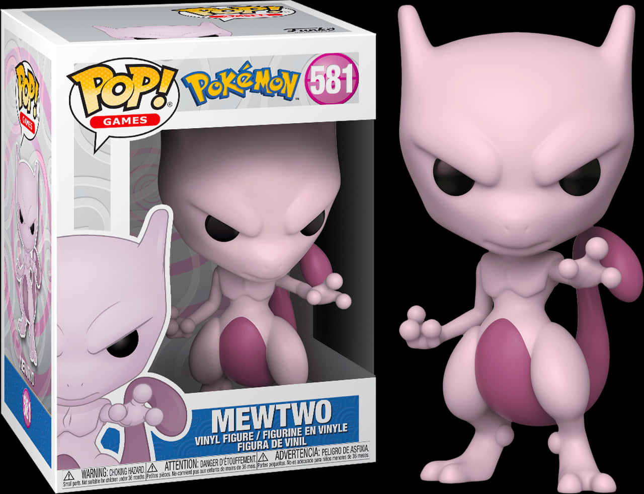 Funko Pop 桌布 壁紙 — 一個粉紅色的 Mewtwo Funko Pop! 乙烯基人偶站在其收藏盒旁邊，背景為黑色。
