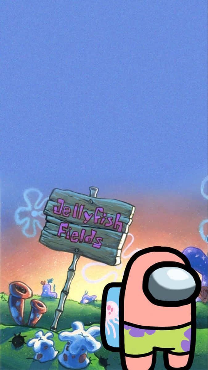 Jellyfish Fields 桌布 壁紙 — 一個粉紅色的Among Us角色站在一個寫著Jellyfish Fields的木牌前，在黃昏的天空下，有水母和珊瑚。