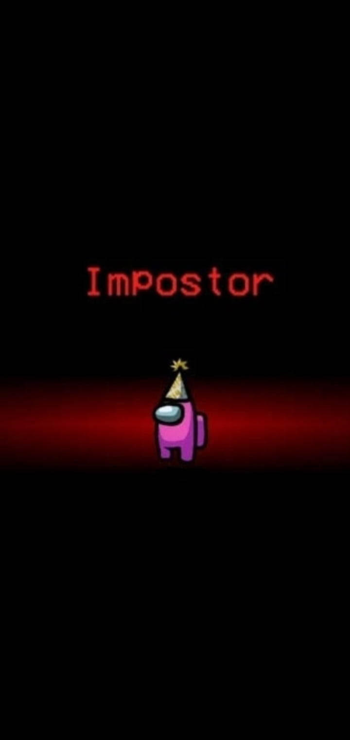 Among US Impostor 桌布 壁紙 — 一個粉紅色的Among Us角色戴著派對帽，站在一個紅色發光平台上，下方有紅色文字寫著Impostor，背景為黑色。