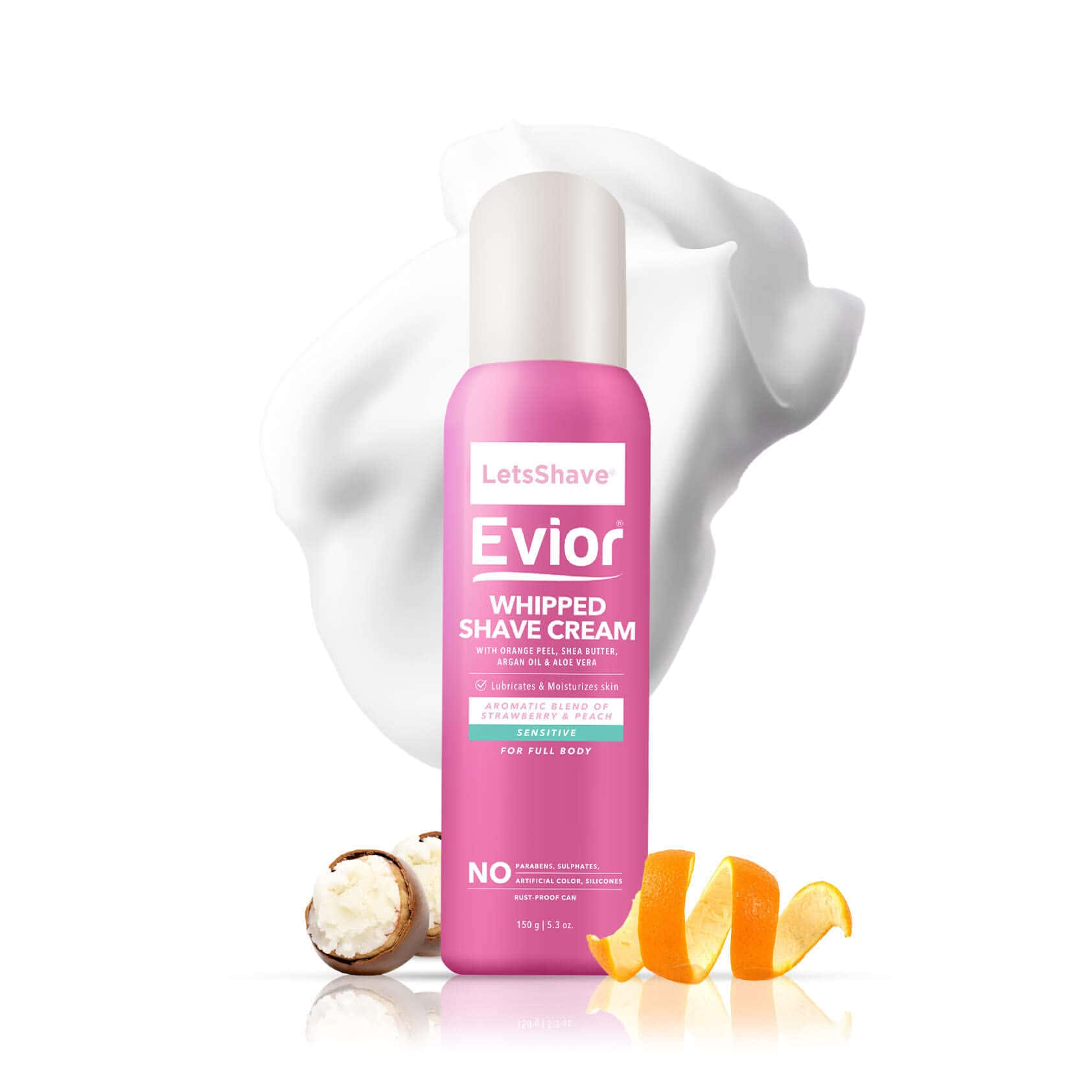 Shaving Cream 桌布 壁紙 — 一個粉紅色的Evior打泡刮鬍膏瓶，帶有白色泡沫漩渦和橙皮乳木果油點綴，背景為純白色。