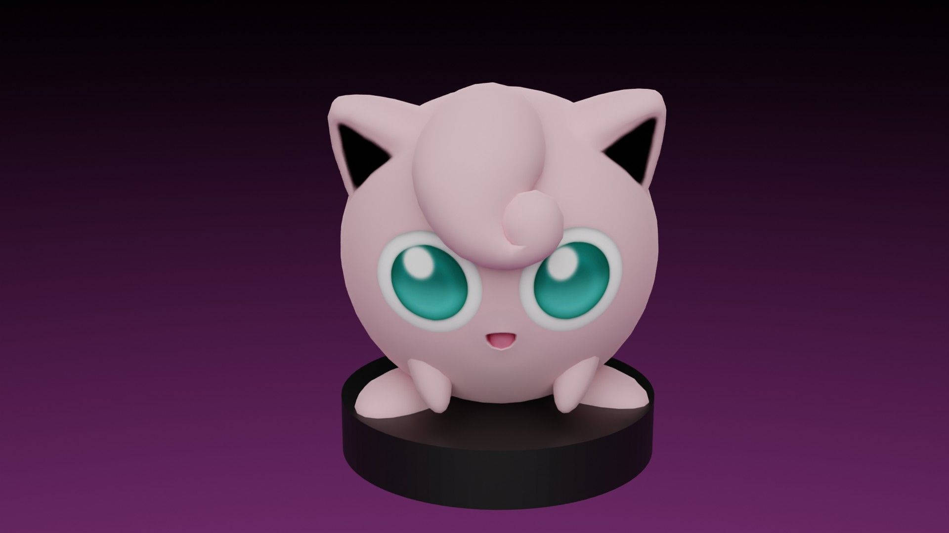 Jigglypuff 桌布 壁紙 — 一個粉紅色的Jigglypuff公仔，有著大大的藍綠色眼睛，坐在黑色底座上，背景是漸變紫色。