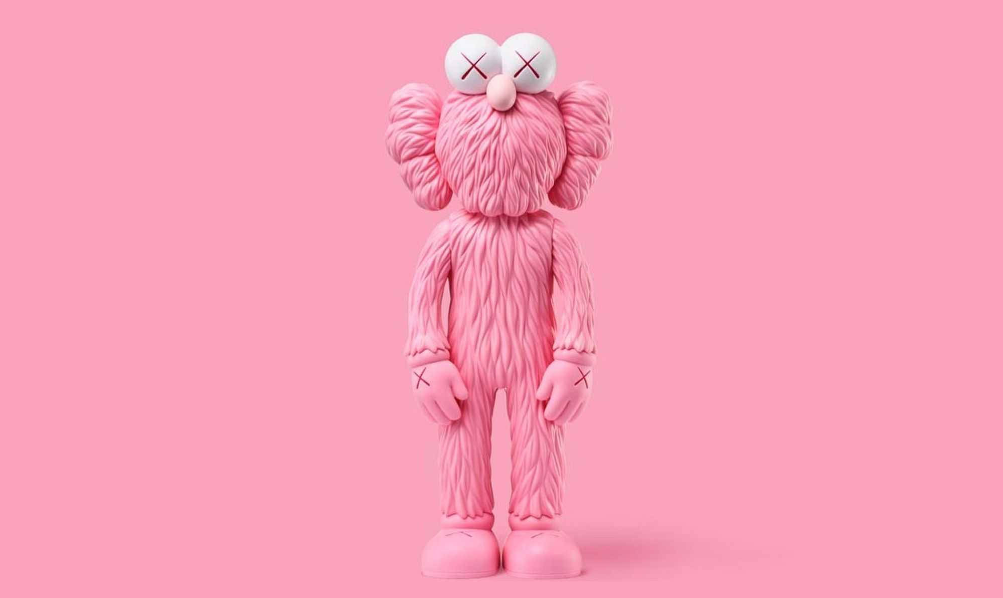 kaws pc 桌布 壁紙 — 一個粉紅色的KAWS公仔，有交叉眼，站在純粉紅色背景的中間。