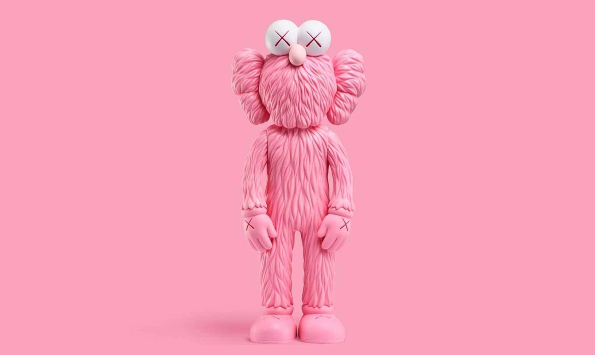 KAWS 桌布 壁紙 — 一個粉紅色的KAWS角色，有交叉眼，站在純粉紅色背景的中央。