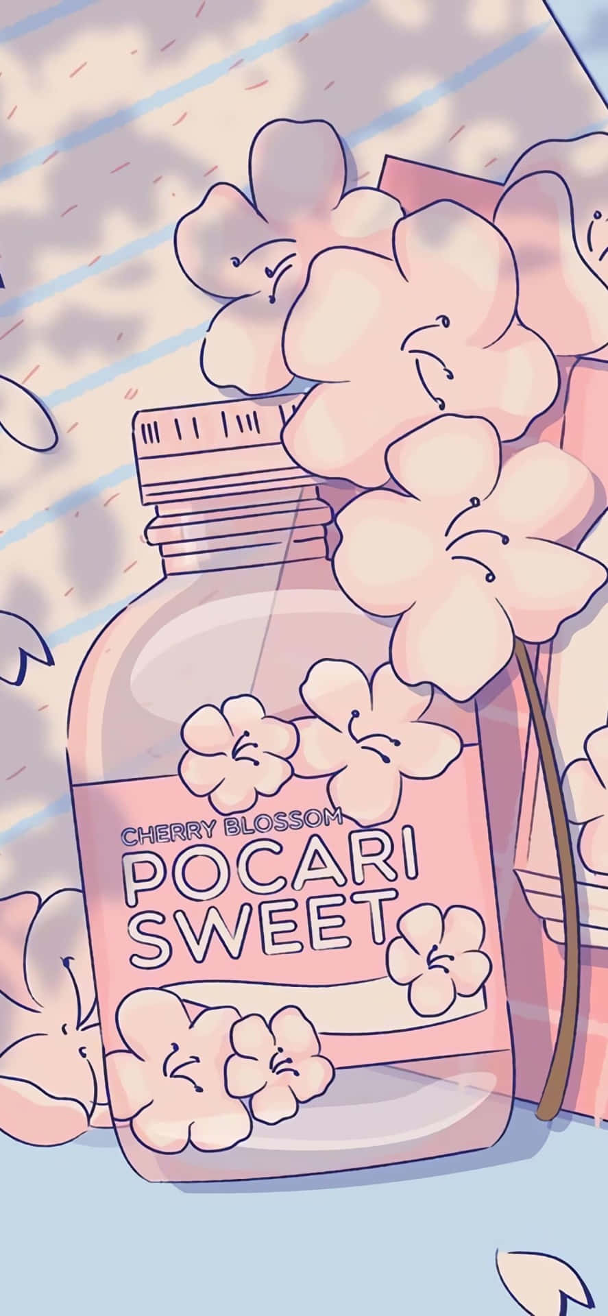 Kawaii Japanese 桌布 壁紙 — 一個粉紅色的Pocari Sweat瓶子，在柔和斑駁的陽光下點綴著櫻花。