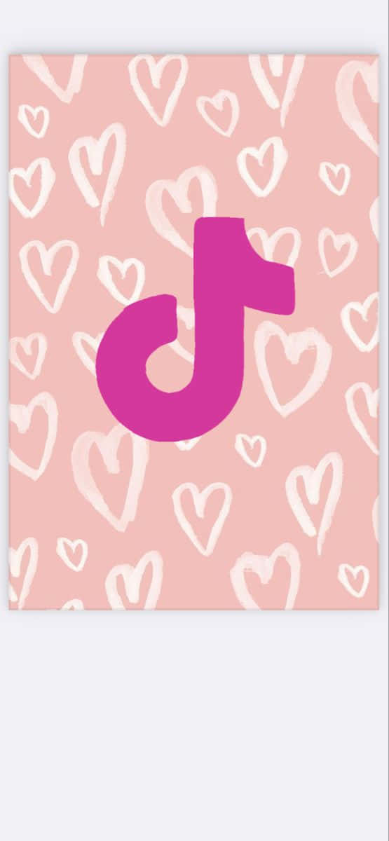 TikTok Logo 桌布 壁紙 — 一個粉紅色的TikTok標誌置中於柔和粉紅色背景上，周圍散落白色手繪心形。