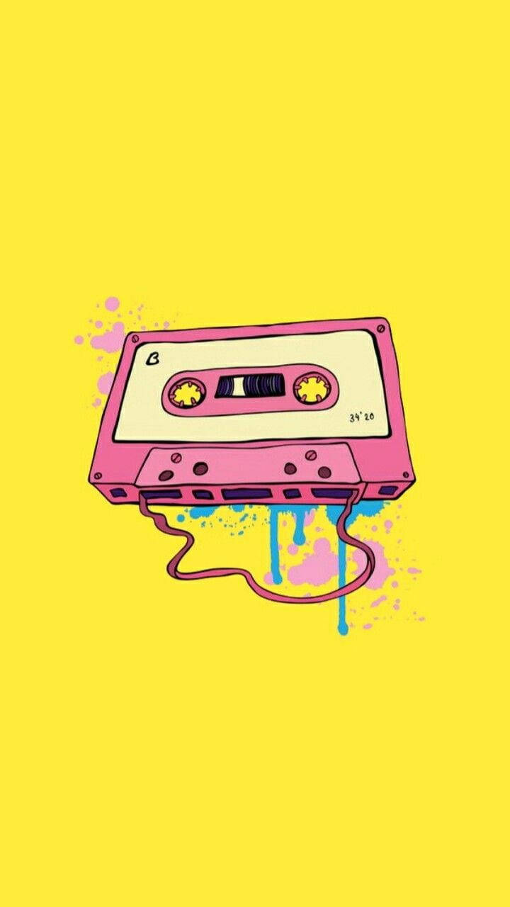 粉紅色卡式錄音帶在黃色背景上與油漆一起融化 — 少女風 GIF 壁紙
