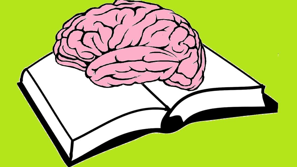 mental health 桌布 壁紙 — 一個粉紅色的大腦放在一本打開的白色書本上，背景是鮮綠色，並以粗黑線條勾勒。