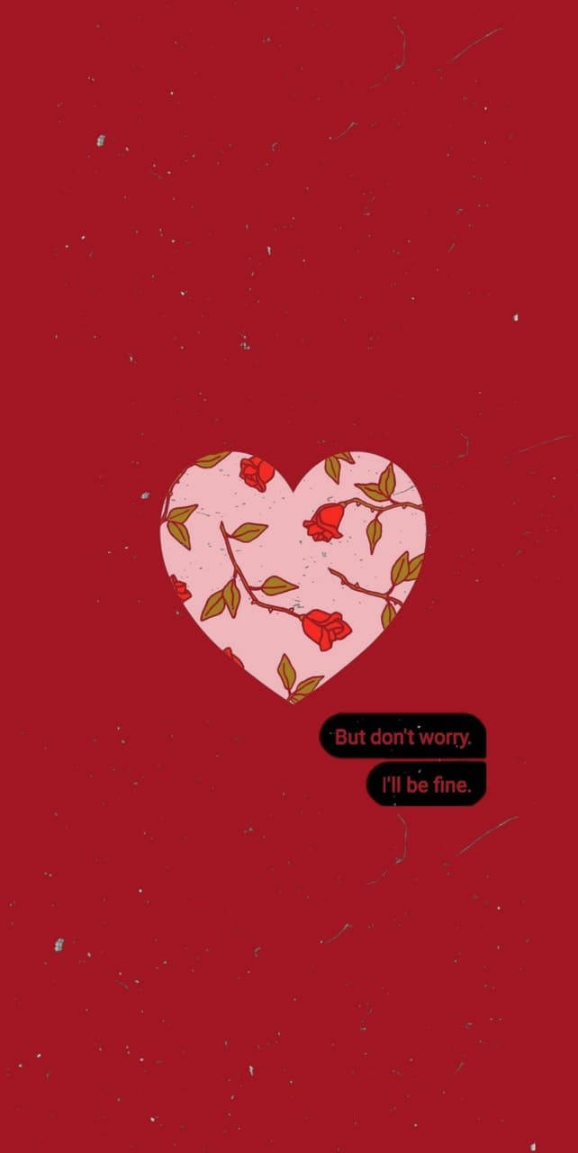 Aesthetic Love 桌布 壁紙 — 一個粉紅色的心形，帶有紅玫瑰和綠葉，漂浮在紋理深紅色背景上，下方有令人安心的文字。