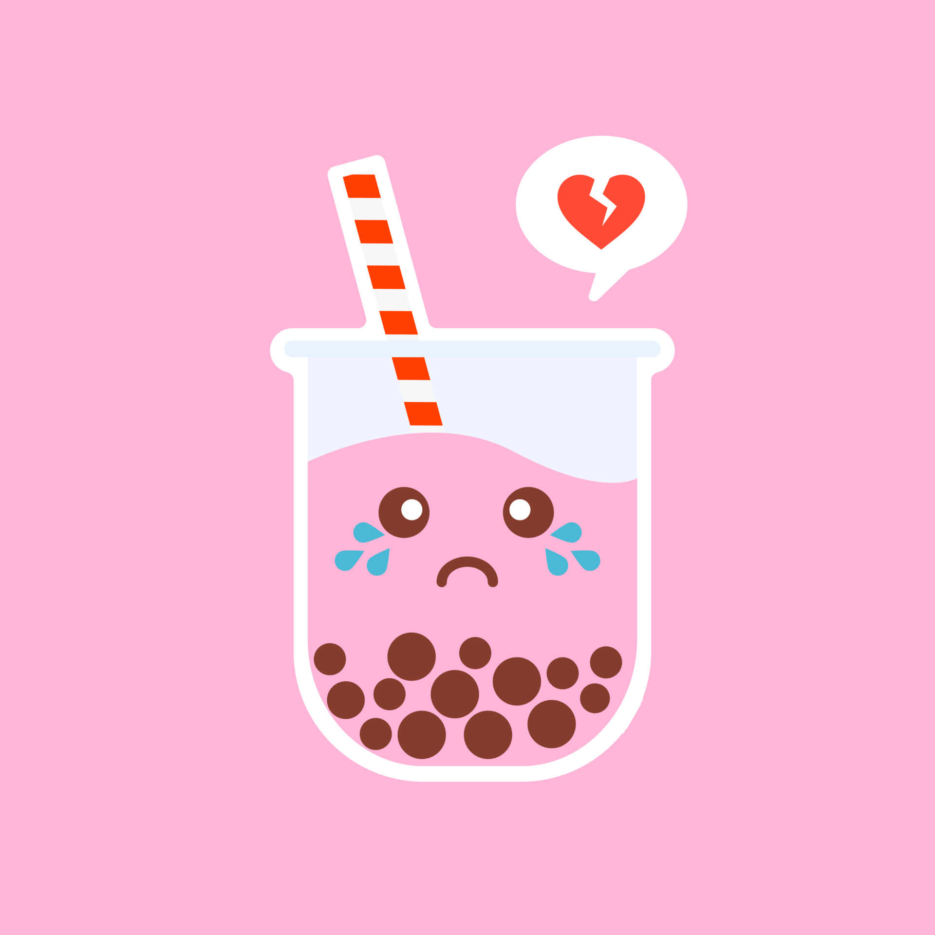 Cute Kawaii Japanese Characters 桌布 壁紙 — 一個粉紅色的泡泡茶杯，帶著一個傷心的表情和眼淚，在柔和的粉紅色背景上拿著一個破碎的心形對話氣泡。