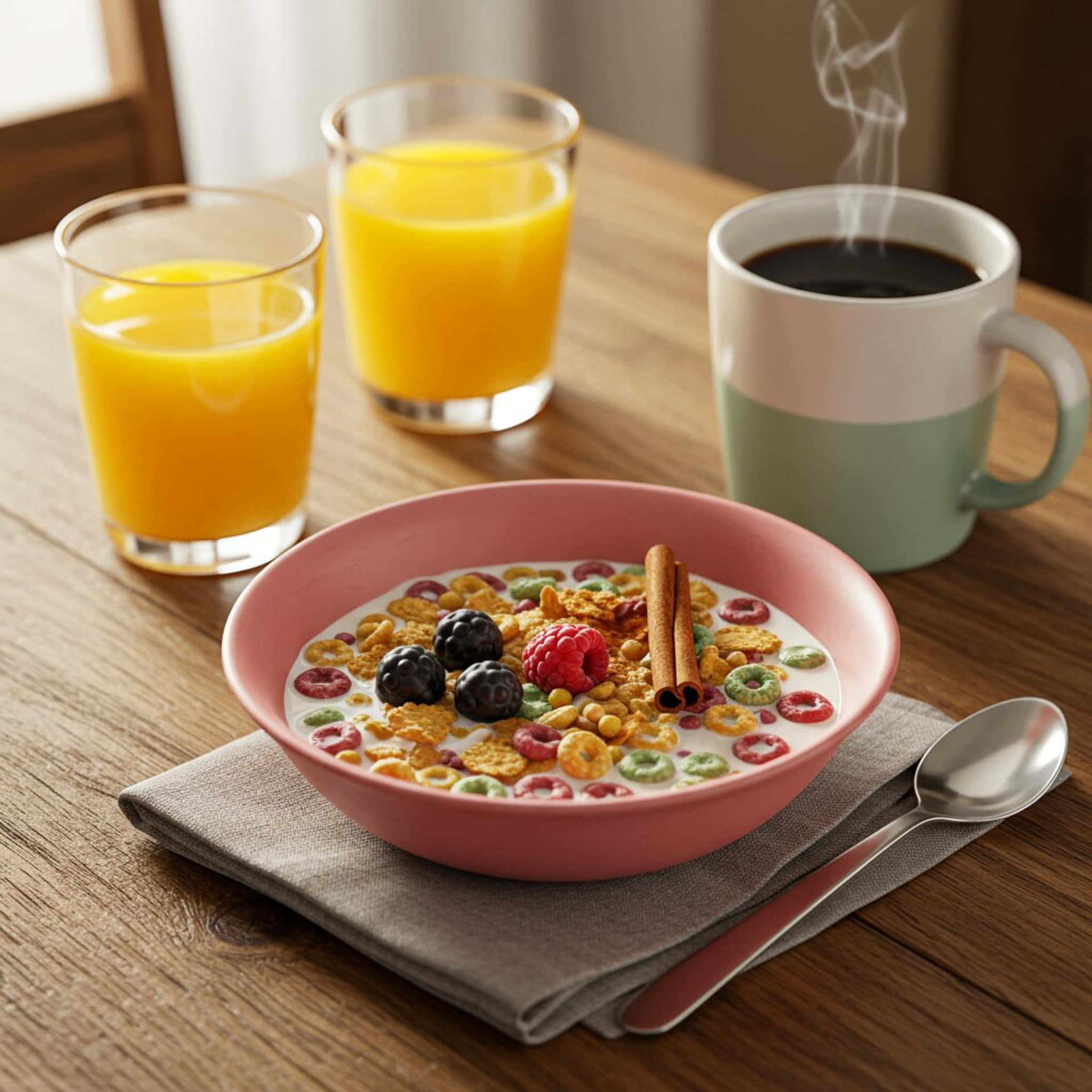 Breakfast 壁紙 — 一個粉紅色的碗裡裝著色彩繽紛的穀物、莓果和肉桂棒，放在餐巾上，旁邊有兩杯柳橙汁和一杯冒著熱氣的咖啡，在木桌上。