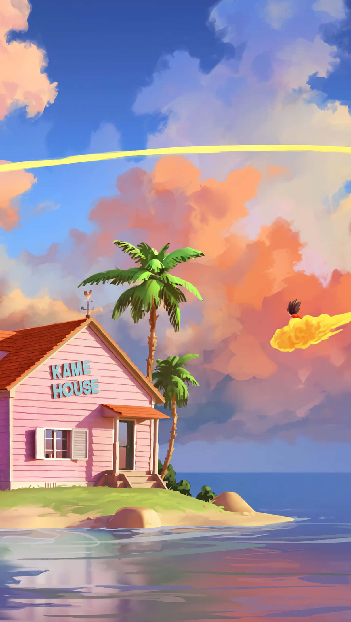 Kame House 桌布 壁紙 — 一個粉紅色的龜屋在熱帶島嶼上，有棕櫚樹，一個飛行角色在夕陽天空中以火熱的軌跡疾馳而過。