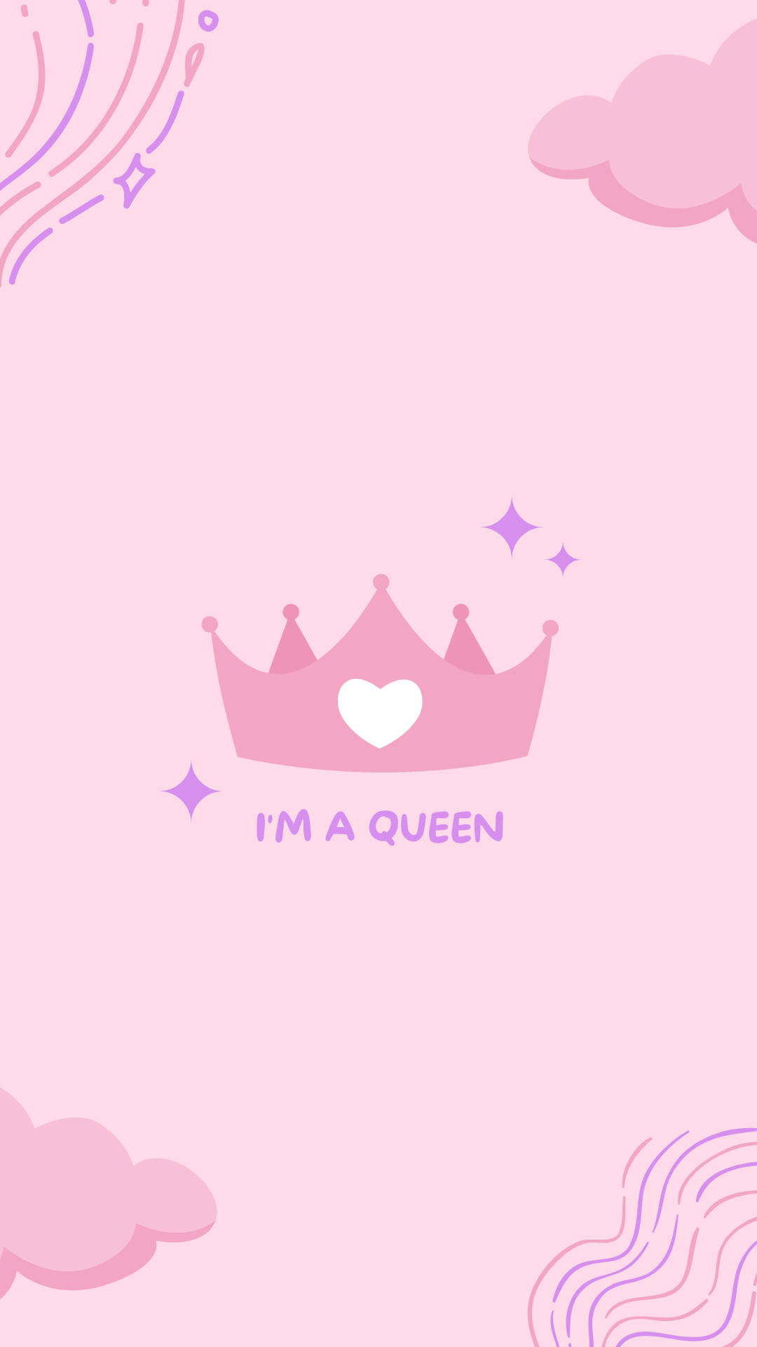 queen girly 桌布 壁紙 — 一個粉紅色皇冠，中心有心形圖案和「I'M A QUEEN」文字，漂浮在雲朵和閃光之間，背景為粉彩粉紅色。