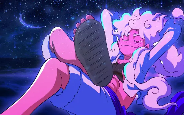 90 Anime Aesthetic 桌布 壁紙 — 一個粉紅色皮膚、捲髮的動漫角色在太空中穿著藍色長袍和黑色靴子，倚靠在星空夜空和彎月下。