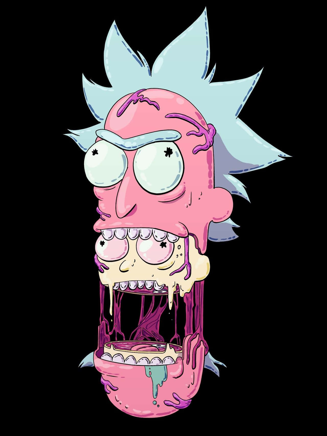 Wubba Lubba Dub Dub 桌布 壁紙 — 一個粉紅色皮膚、藍色尖刺頭髮的卡通角色在黑色背景上向下融化成一灘黏糊糊的液體。