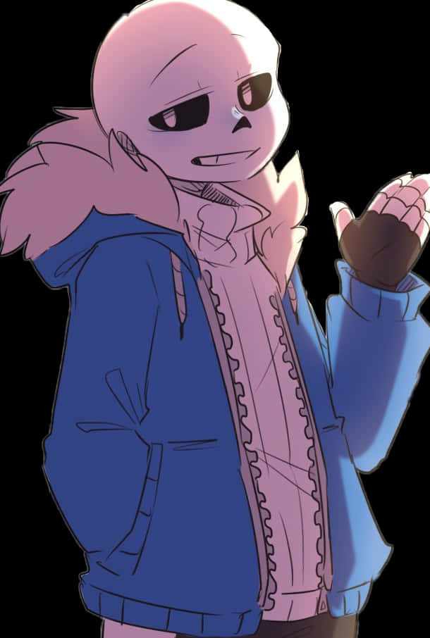 Undertale 桌布 壁紙 — 一個粉紅色皮膚、骷髏臉的動漫角色，在黑色背景前穿著藍色外套配粉紅色連帽衫，並舉起一隻手。