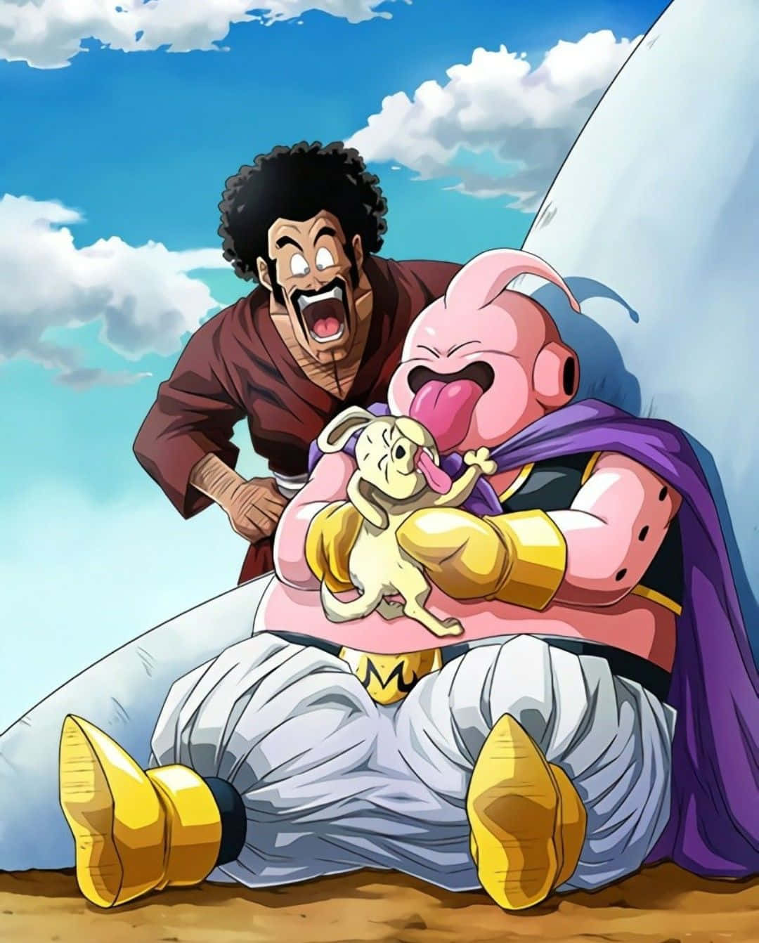 Hercule Satan 桌布 壁紙 — 一個粉紅色皮膚的動漫角色，穿著紫色斗篷，抱著一隻小狗大笑，而一個捲髮男人在藍天下在他身後大喊。