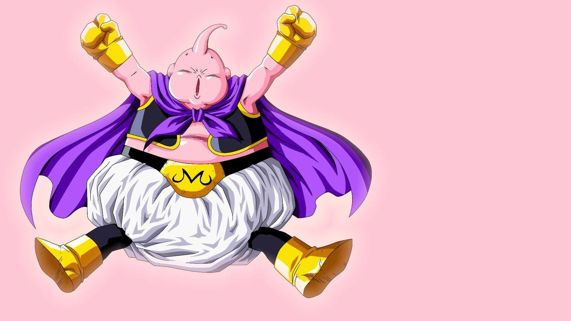 Buu 桌布 壁紙 — 一個粉紅色皮膚的動漫角色，穿著紫色斗篷和金色拳頭，在柔和的粉紅色背景上勝利地舉起雙臂。