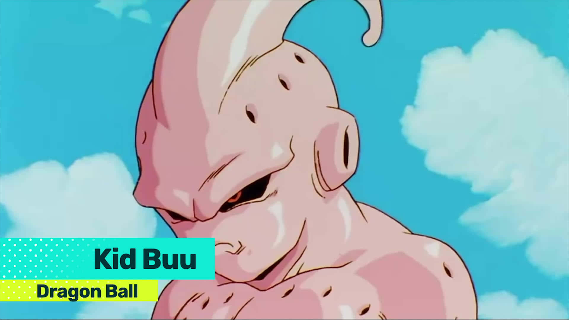 Buu 桌布 壁紙 — 一個粉紅色皮膚的動漫角色，長著角，皺著眉頭，在藍天白雲下凝視著。
