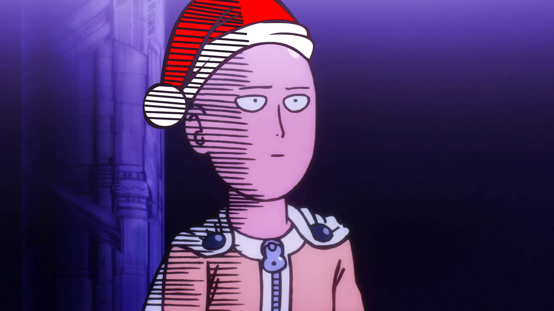 Saitama 桌布 壁紙 — 一個粉紅色皮膚的動漫角色戴著聖誕帽，站在紫色燈光下昏暗的城市小巷中。