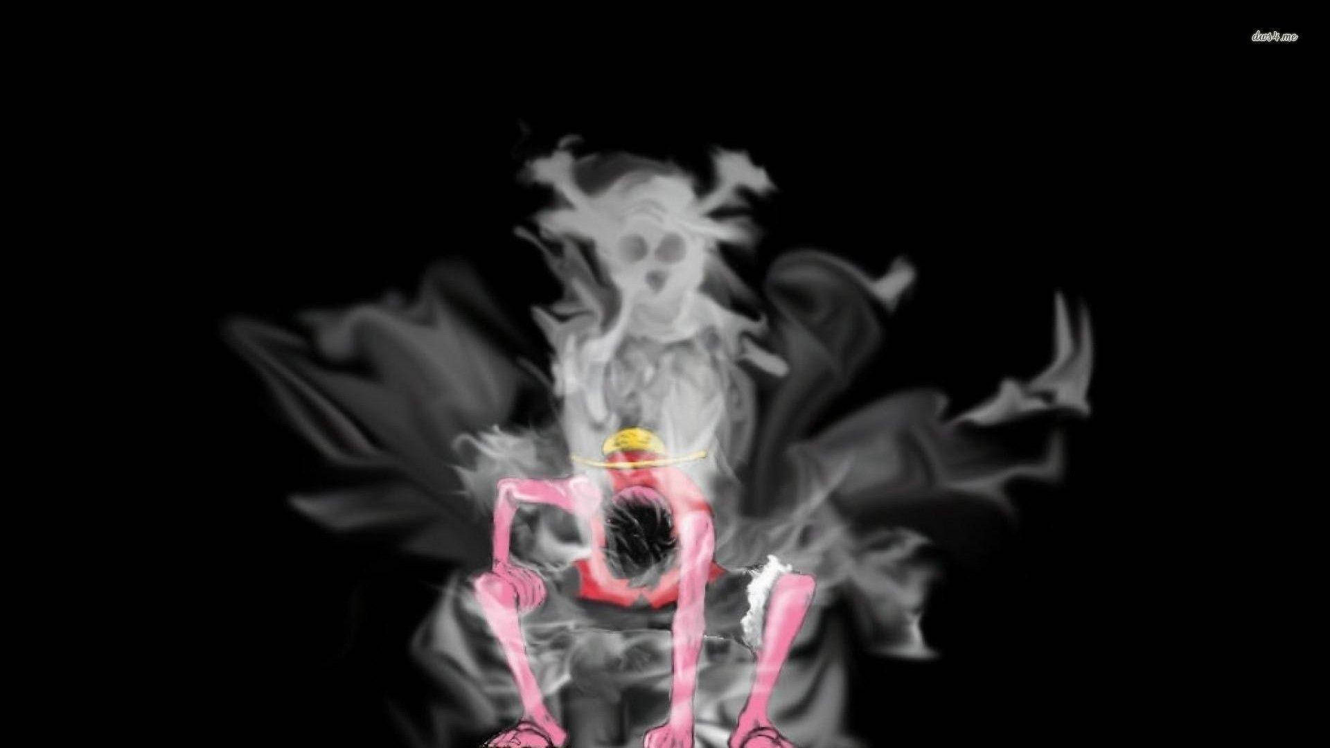 Luffy 桌布 壁紙 — 一個粉紅色皮膚的動漫角色戴著草帽，被旋轉的煙霧包圍，在黑色背景上形成一個幽靈般的頭骨。