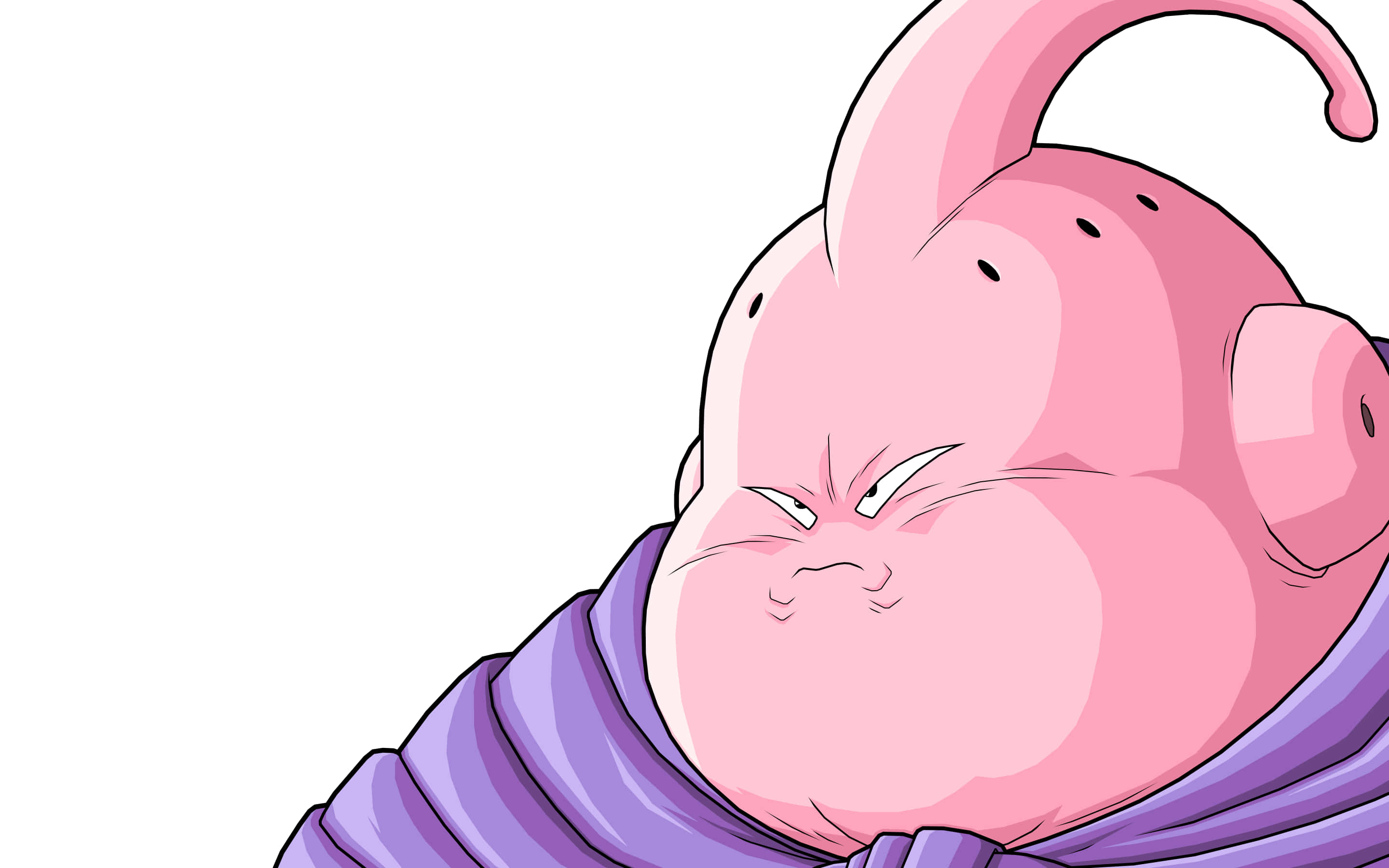 Dbz 桌布 壁紙 — 一個粉紅色皮膚的動漫角色特寫，穿著紫色長袍，表情憤怒，背景為白色。