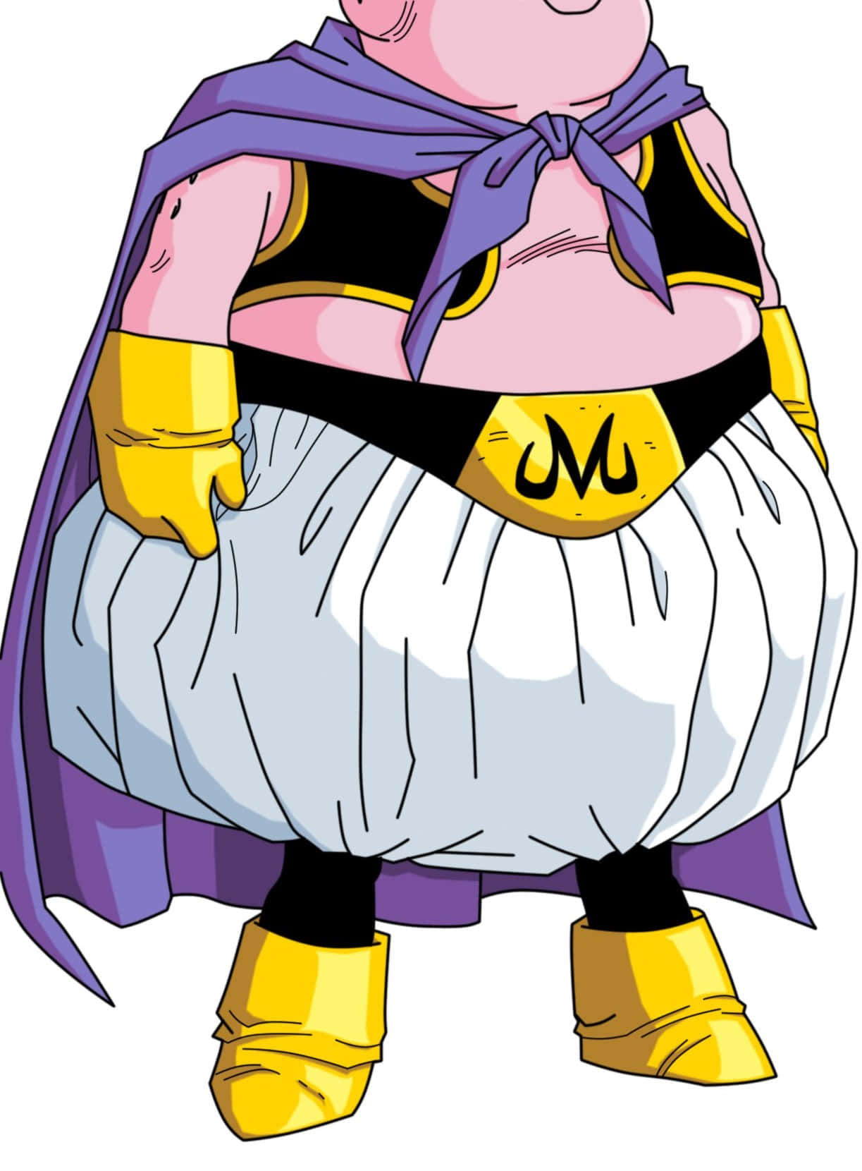 Buu Saga 桌布 壁紙 — 一個粉紅色皮膚的卡通角色，穿著紫色斗篷、黑色和金色的盔甲、白色褲子和黃色靴子，自信地站立。