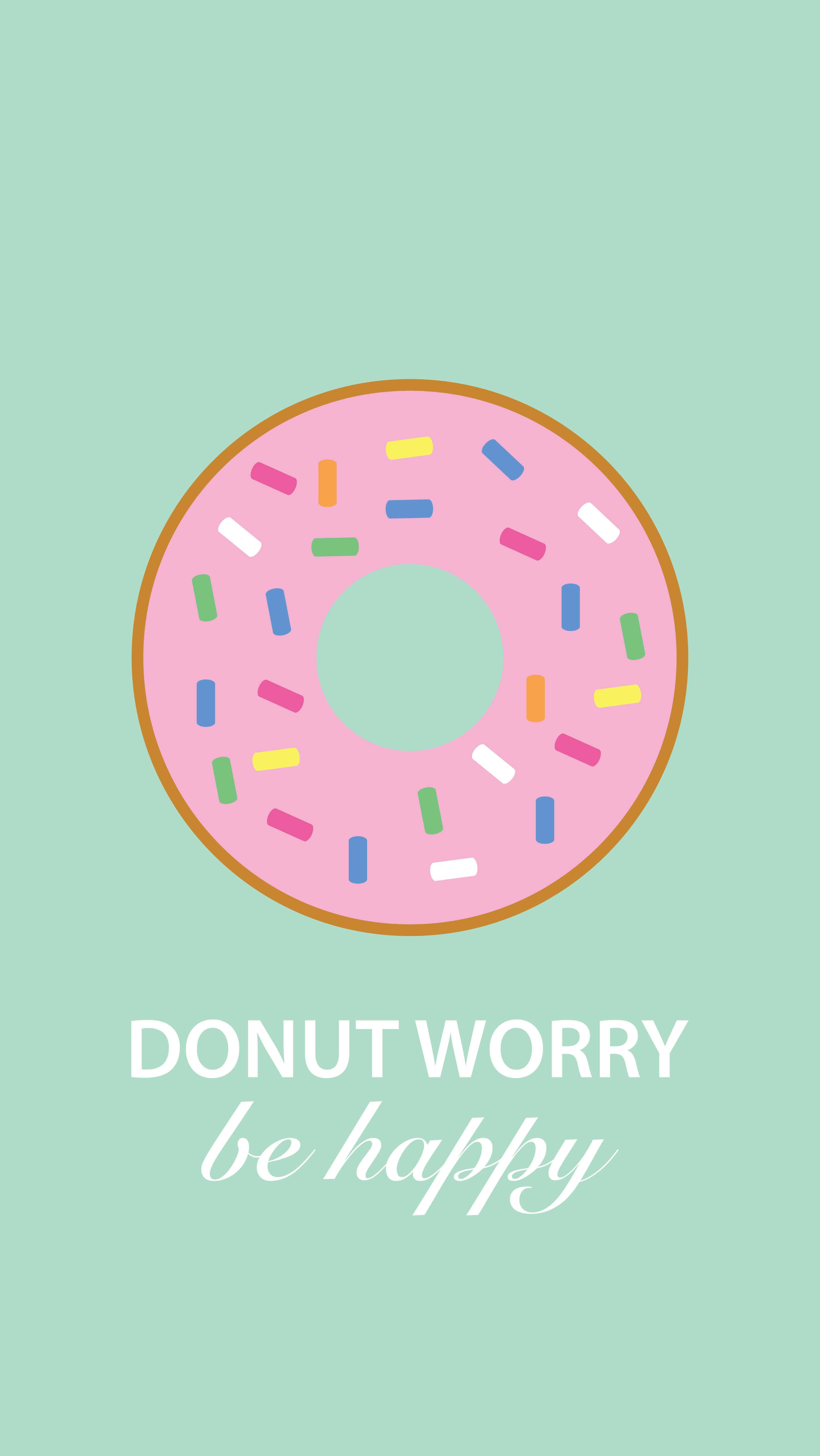 Donut 桌布 壁紙 — 一個粉紅色糖霜甜甜圈，上面有彩色糖粒，置中在薄荷綠色背景上，並帶有俏皮文字。