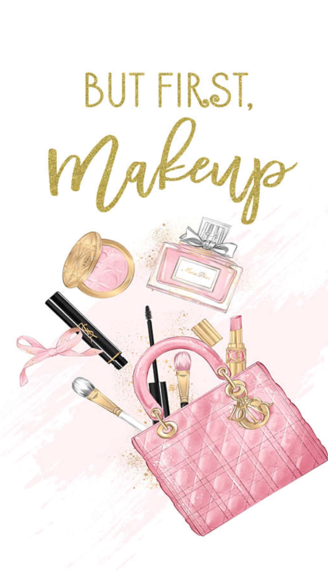 Cute Makeup 桌布 壁紙 — 一個粉紅色絎縫手袋在柔和的腮紅水彩背景上灑出豪華化妝品和香水。