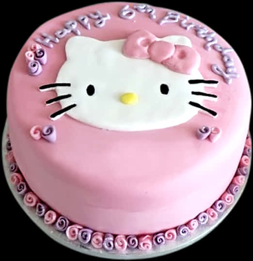 Hello Kitty Birthday 桌布 壁紙 — 一個粉紅色翻糖蛋糕，上面有Hello Kitty的臉和「Happy 6th Birthday」字樣，並以漩渦裝飾。