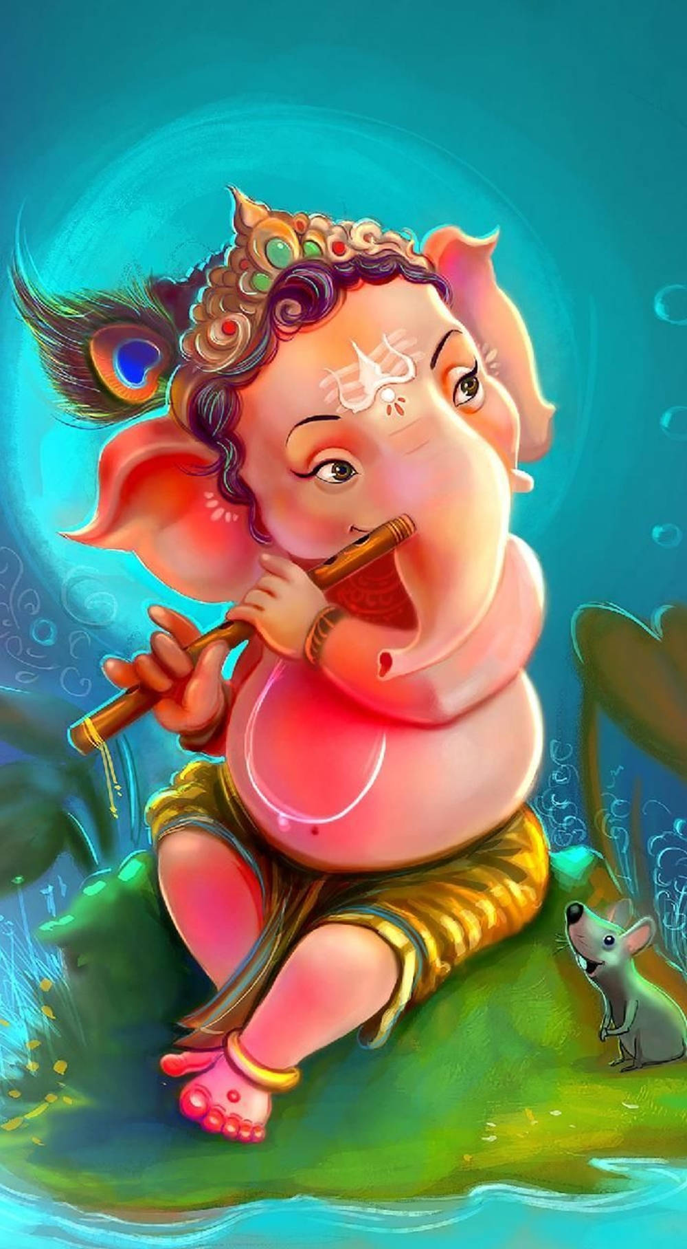 god mobile 桌布 壁紙 — 一個粉紅色胖嘟嘟的象頭神伽內什坐在綠葉上吹笛子，旁邊有一隻老鼠，背景是發光的藍色。