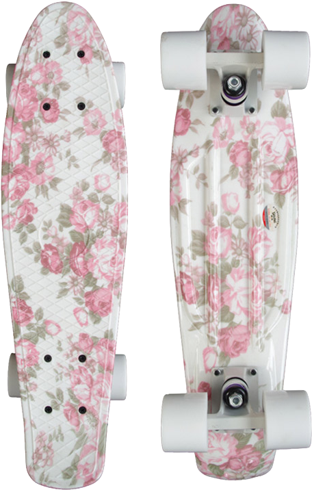 滑板 桌布 壁紙 — 一個粉紅色花卉圖案的penny board滑板，從頂部和底部視角展示在白色背景上。