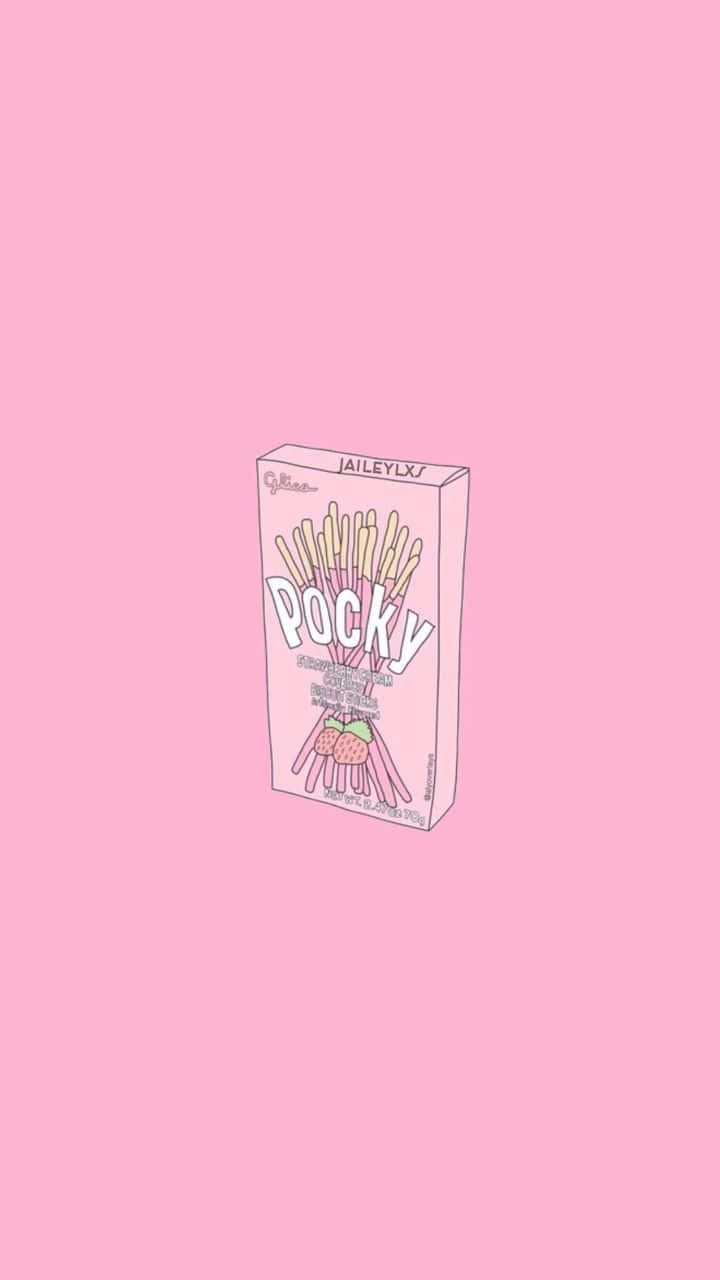 Pastel Pink Aesthetic Anime 桌布 壁紙 — 一個粉紅色草莓口味Pocky盒的極簡插圖，置中於純色粉彩粉紅背景上。