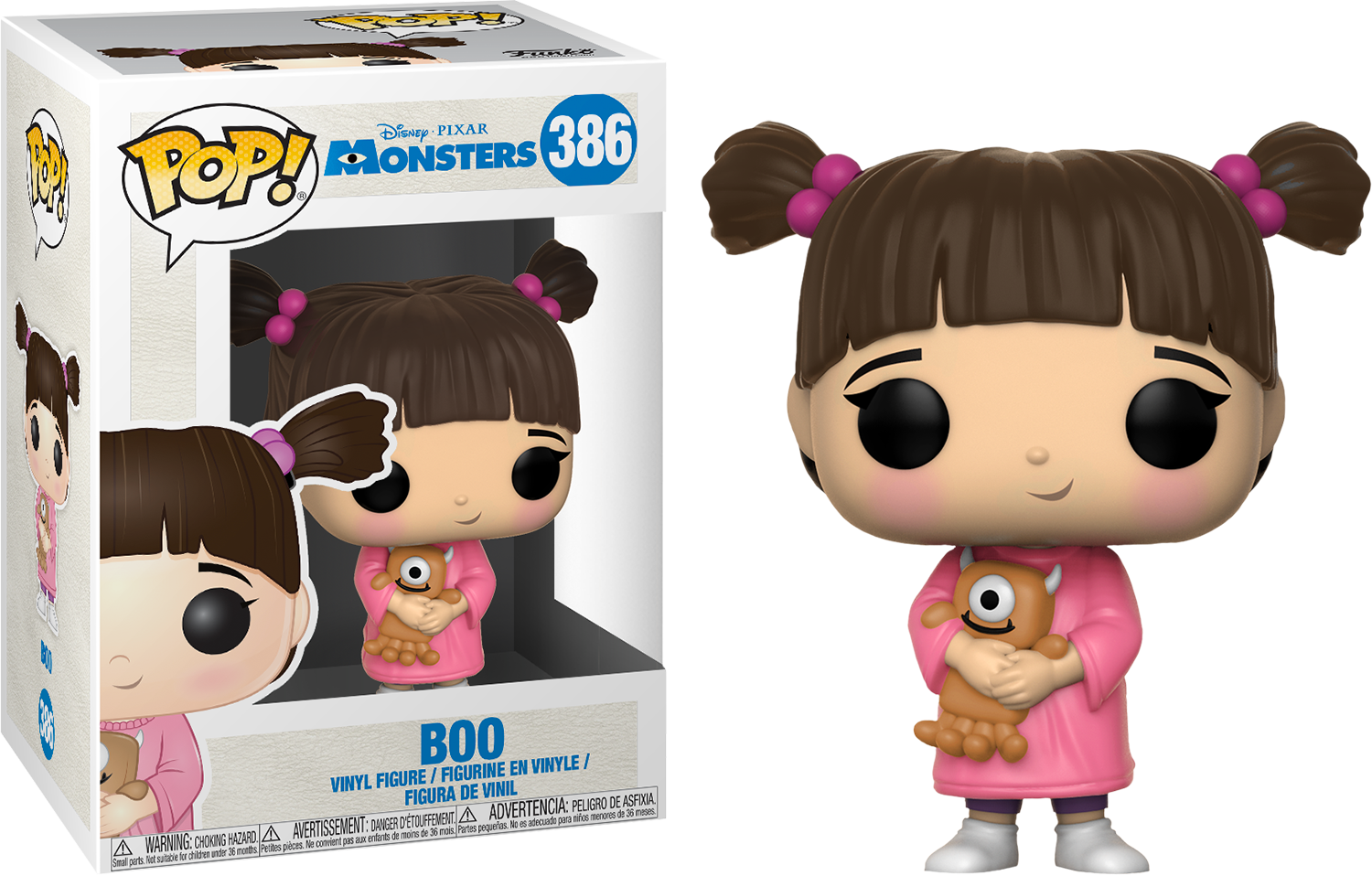 monsters 桌布 壁紙 — 一個粉紅色衣服的Boo Funko Pop！乙烯基公仔在零售盒旁邊抱著她的小怪獸同伴。