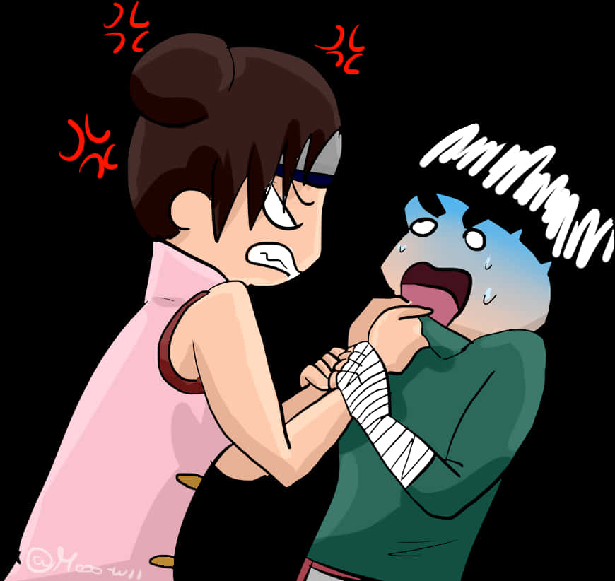 Rock Lee 桌布 壁紙 — 一個粉紅色衣服的動漫女孩憤怒地抓住一個藍髮男孩的喉嚨，他對著黑色背景恐懼地尖叫。