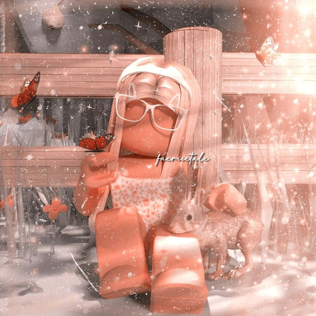 預科生美學 桌布 壁紙 — 一個粉紅色調的 Roblox 頭像戴著眼鏡，坐在雪景中一隻兔子旁邊，有蝴蝶飛舞和柔和發光的燈光。