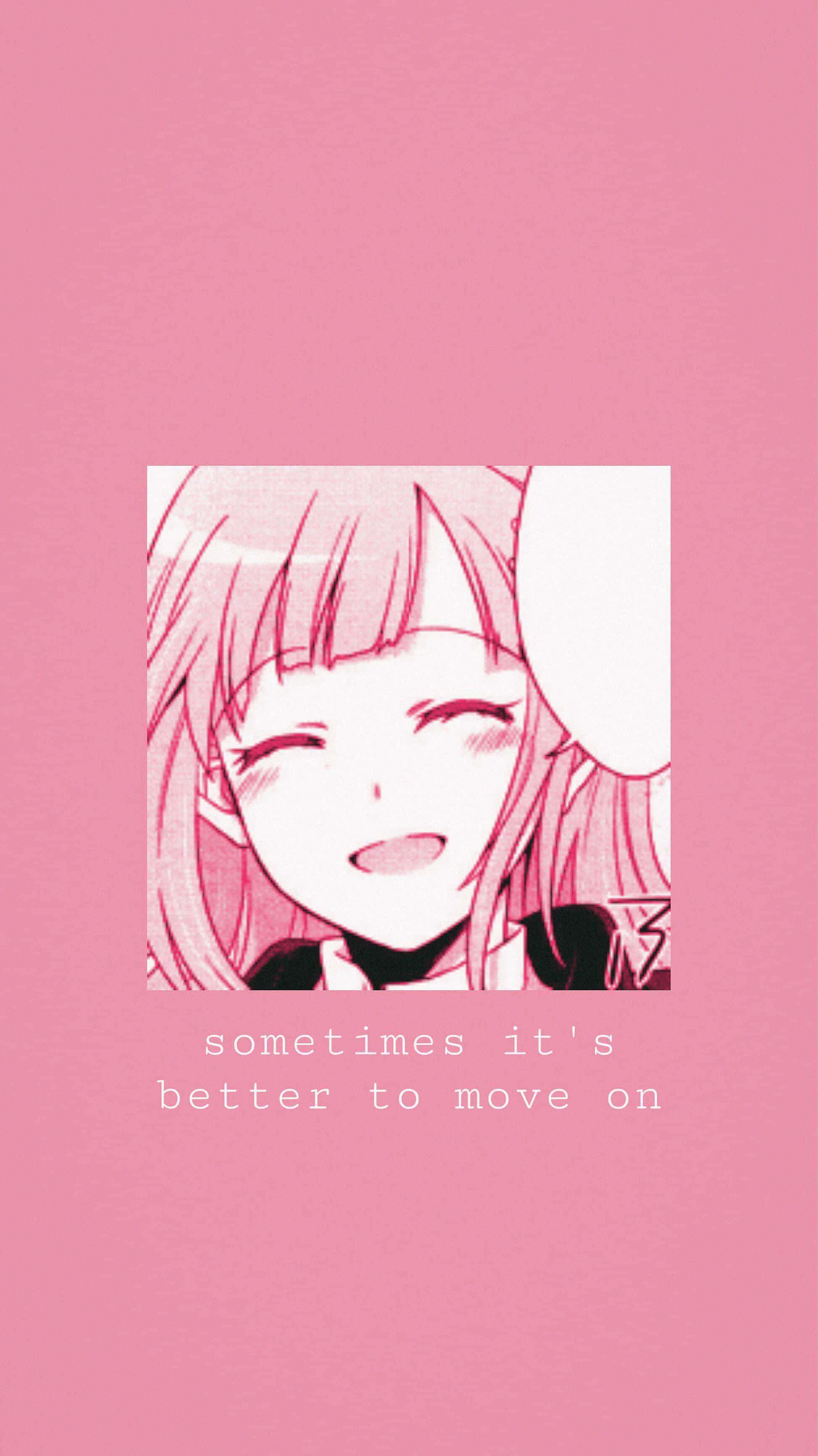 Pink Aesthetic Anime Phone 桌布 壁紙 — 一個粉紅色調的動漫女孩，閉著眼睛，帶著溫柔的微笑，被對話框和文字框在純粉紅色背景上。