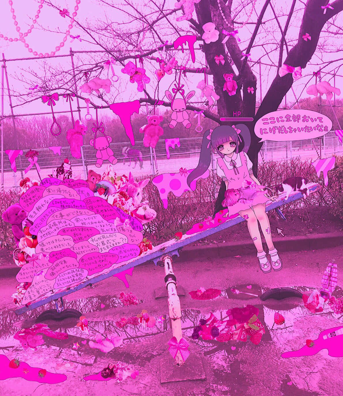 Yami Kawaii 桌布 壁紙 — 一個粉紅色調的動漫女孩坐在蹺蹺板上，在一個充滿泰迪熊和滴落粉紅色黏液的超現實遊樂場中。