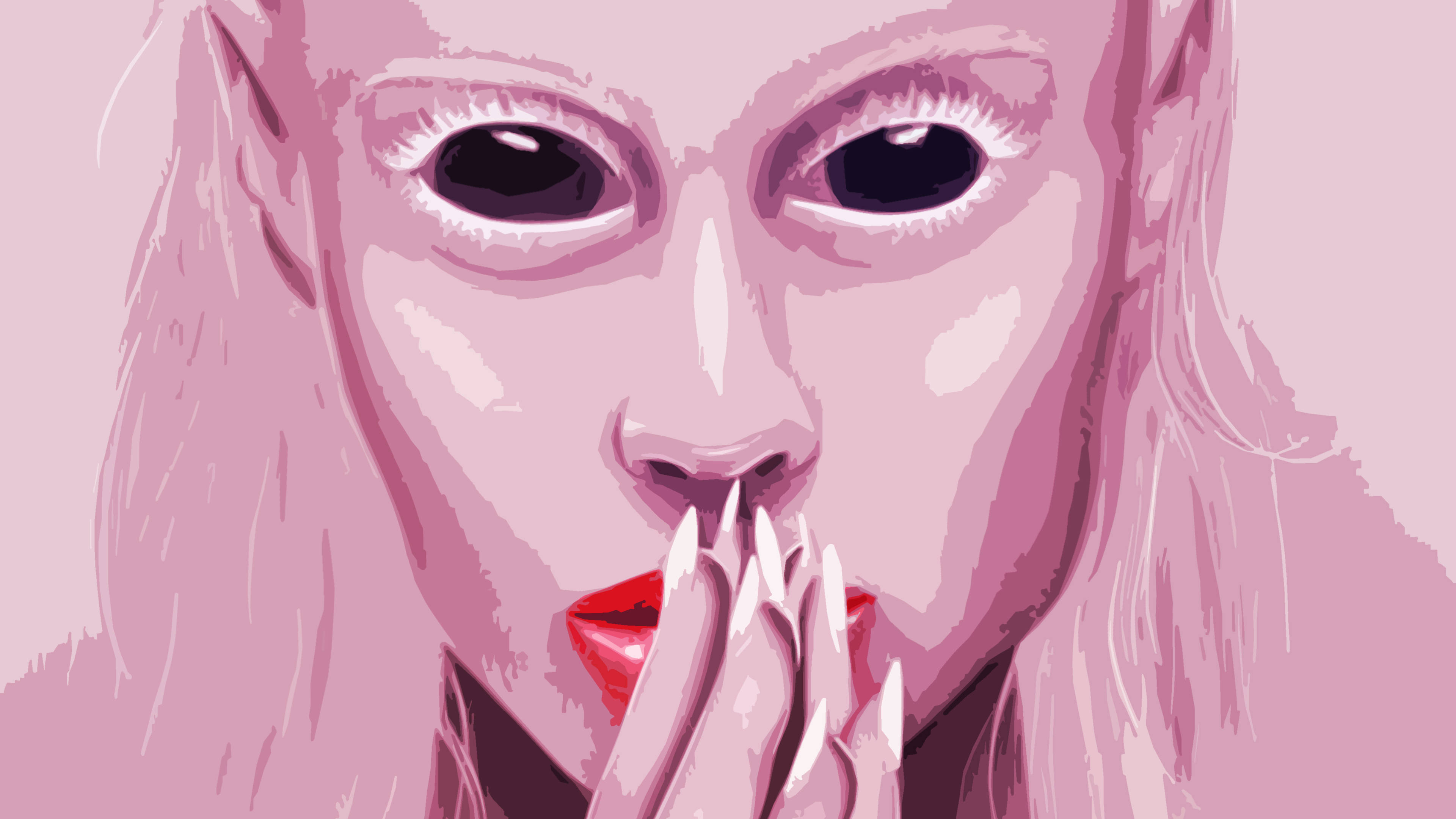 Painting 桌布 壁紙 — 一個粉紅色調的風格化女性肖像，長髮遮住嘴巴，露出長指甲和鮮紅的嘴唇。