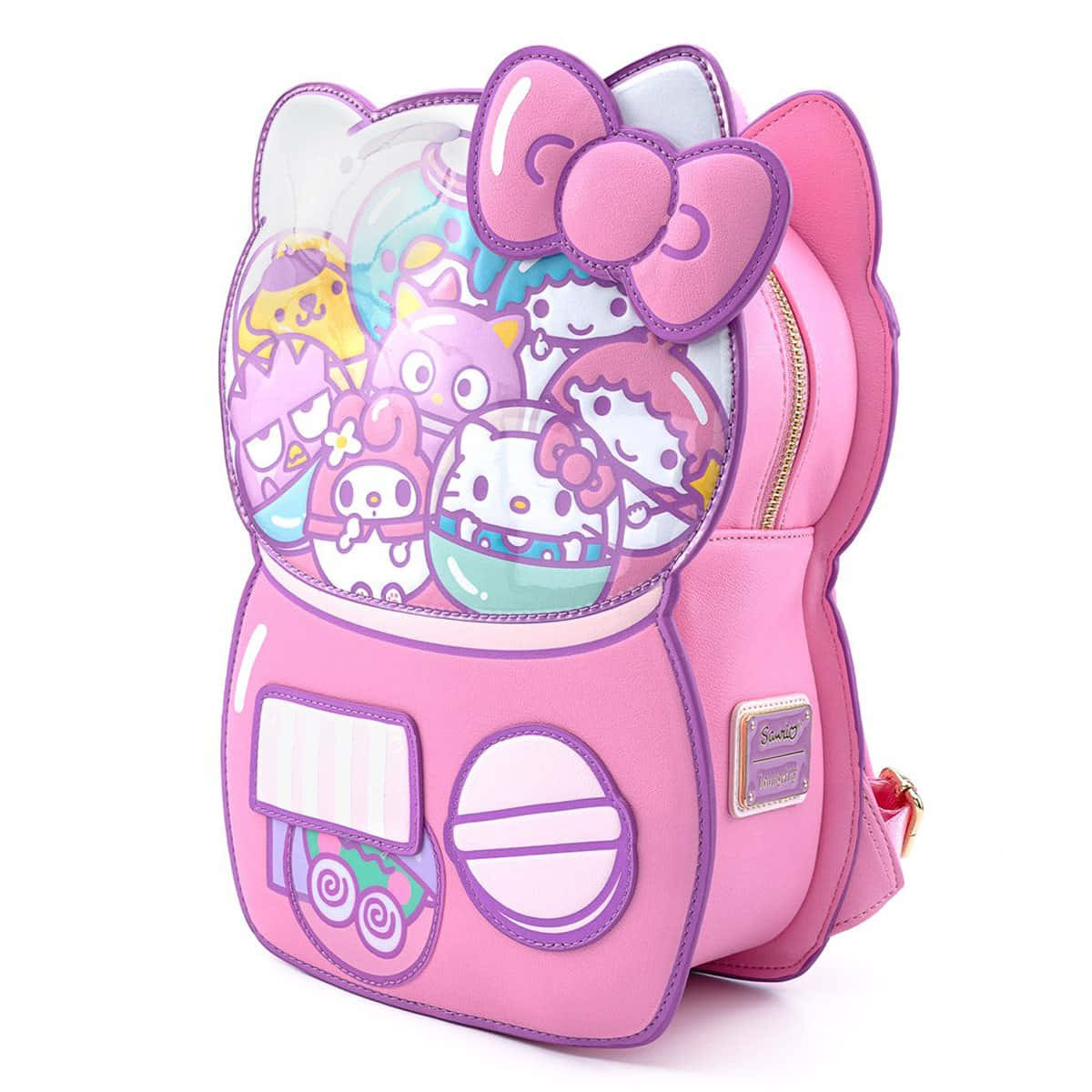 Kawaii Hello Kitty 桌布 壁紙 — 一個粉紅色貓形扭蛋機背包，透明球體內有Hello Kitty和朋友們。