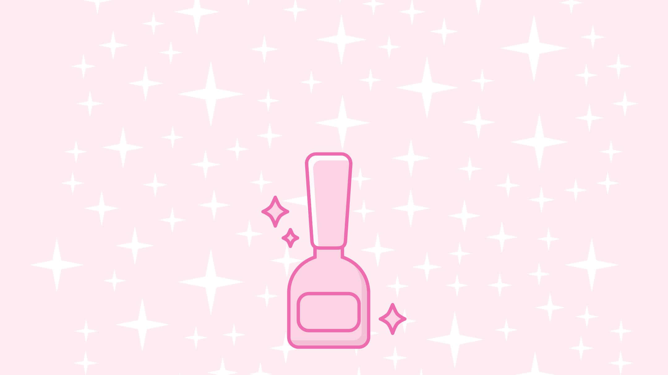 girly pink aesthetic 桌布 壁紙 — 一個粉紅色輪廓的指甲油瓶，帶有閃光，漂浮在點綴著白色星星的粉彩粉紅色背景上。