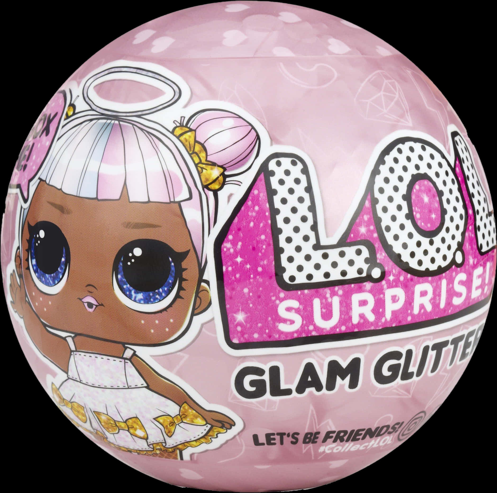 Sphere 桌布 壁紙 — 一個粉紅色閃亮的LOL Surprise Glam Glitter球，上面有一個卡通娃娃，有大大的藍色眼睛和天使翅膀。
