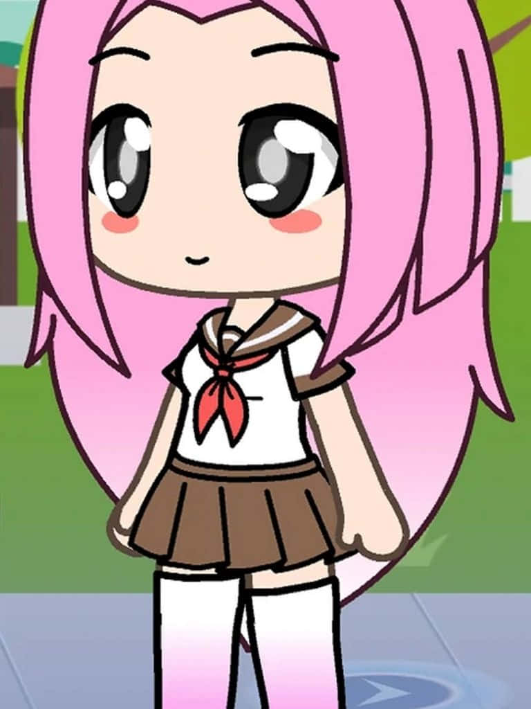 Gacha 桌布 壁紙 — 一個粉紅色頭髮、大眼睛的Q版動漫女孩，穿著水手服，背景是模糊的戶外景色。