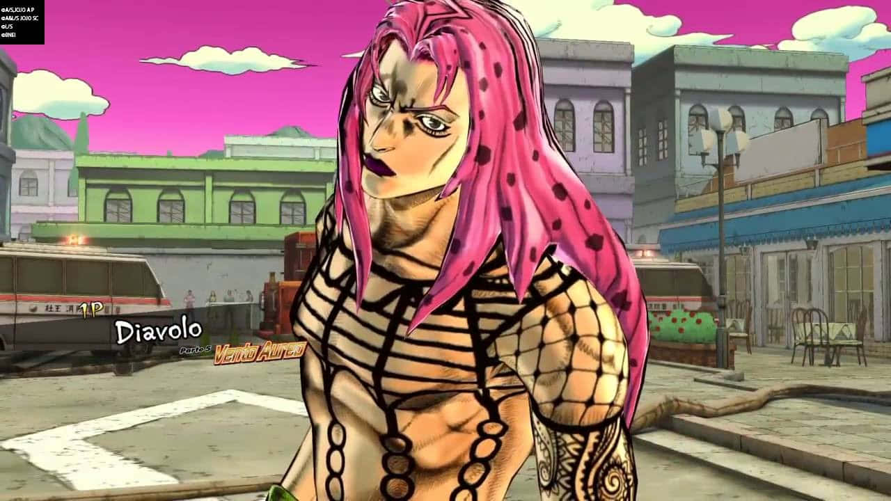 Jojo's Bizarre Adventure Diavolo 桌布 壁紙 — 一個粉紅色頭髮、帶有刺青的動漫角色，站在風格化的城市街道上，背景是充滿活力的粉紅色天空。