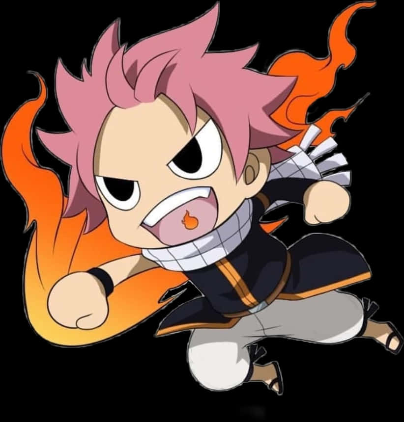 Natsu 桌布 壁紙 — 一個粉紅色頭髮、帶有火焰光環的Q版動漫角色，在黑色背景上憤怒地向前衝。