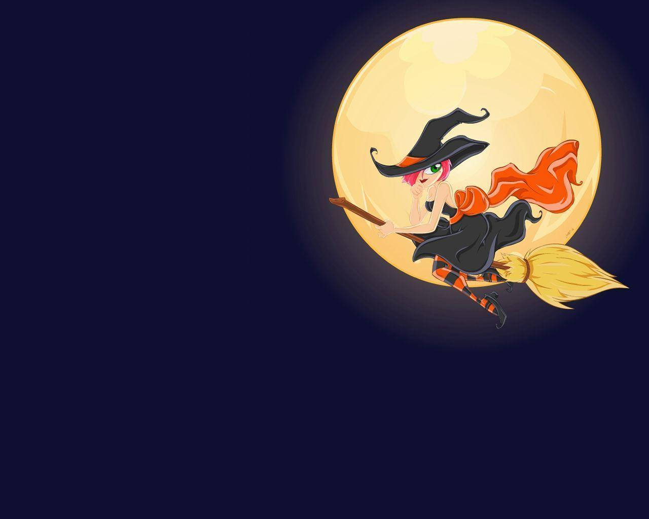 witchcraft 桌布 壁紙 — 一個粉紅色頭髮、戴橙色圍巾的卡通女巫，在漆黑的夜空中，對著一輪明亮的滿月騎著掃帚飛行。