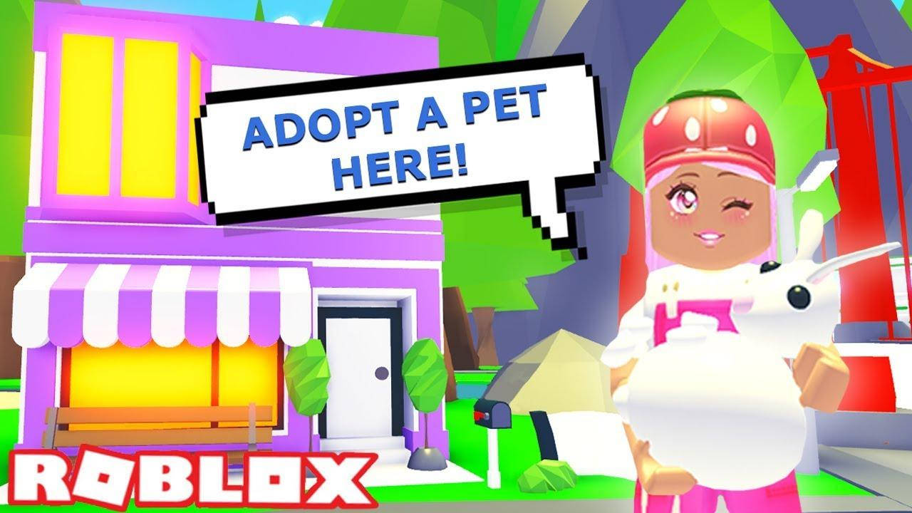 Me 桌布 壁紙 — 一個粉紅色頭髮、戴紅色帽子的Roblox角色，在一間色彩繽紛的寵物店前面抱著一隻白色兔子，店鋪的招牌寫著adopt a pet here！