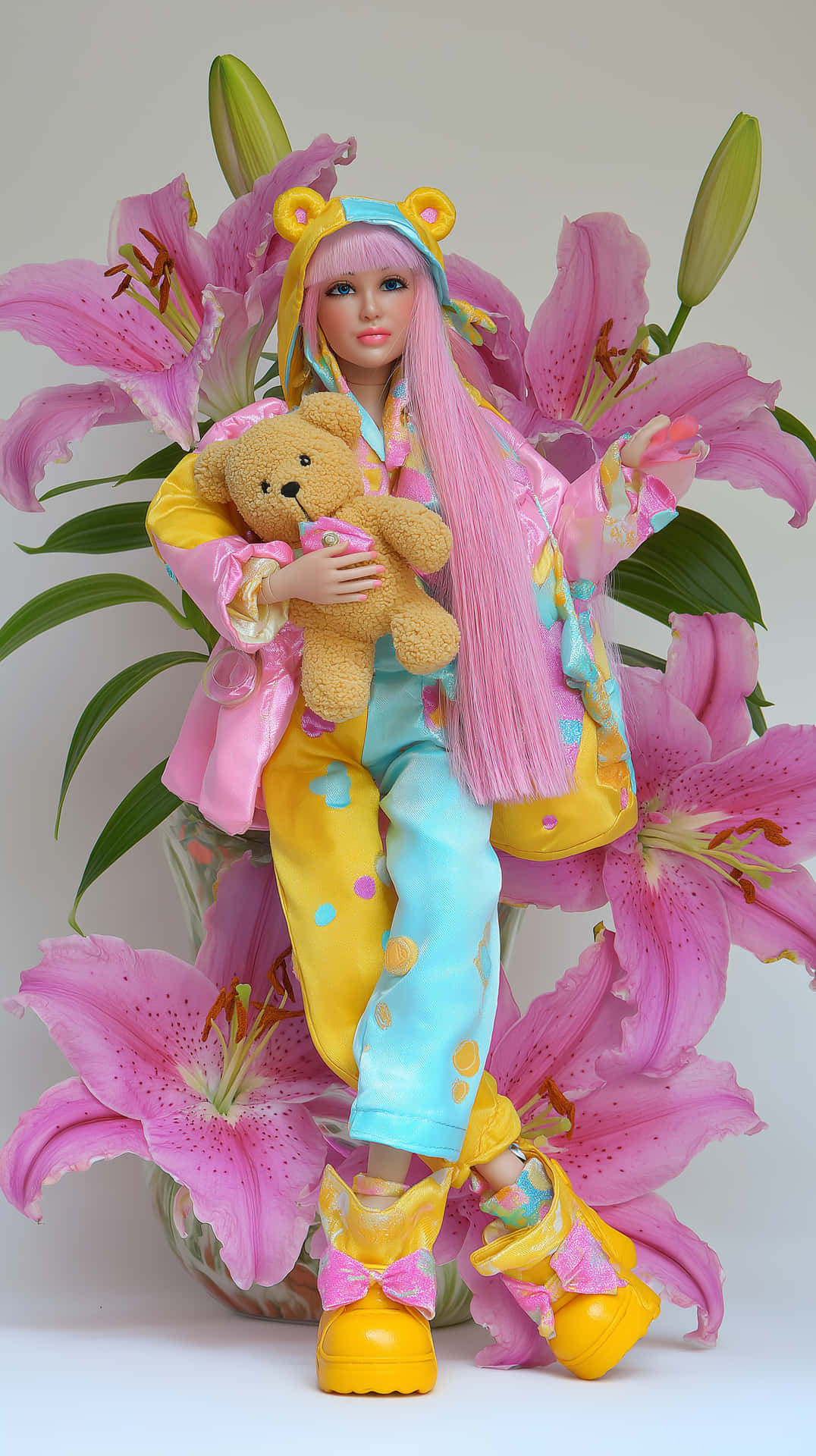 Fantasy Doll with Teddy Bear in Colorful Outfit and Lilies 壁紙 — 一個粉紅色頭髮、戴著熊帽子的玩偶坐在粉紅色百合花中，抱著一隻穿著彩色波點睡衣的泰迪熊。